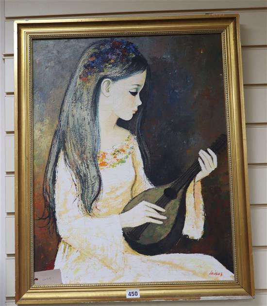 Luziana, oil on canvas, Girl playing a mandolin, signed, 60 x 47cm